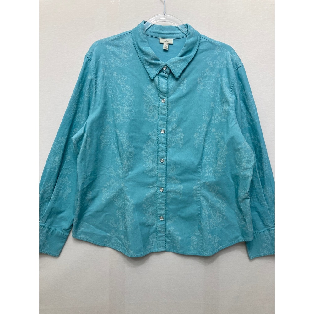 J. Jill Corduroy Shirt XL Petite Blue Floral Western Snap Button Long Sleeve